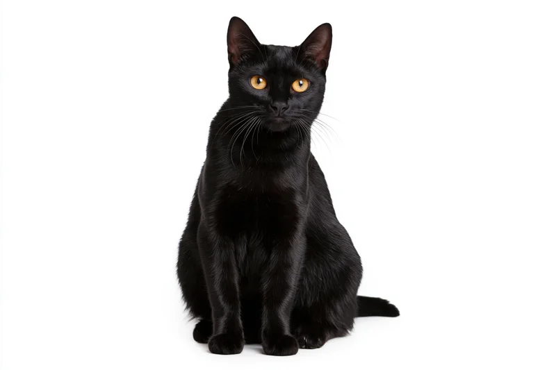 Black bombay cat sitting upright and alert facing camera on white background