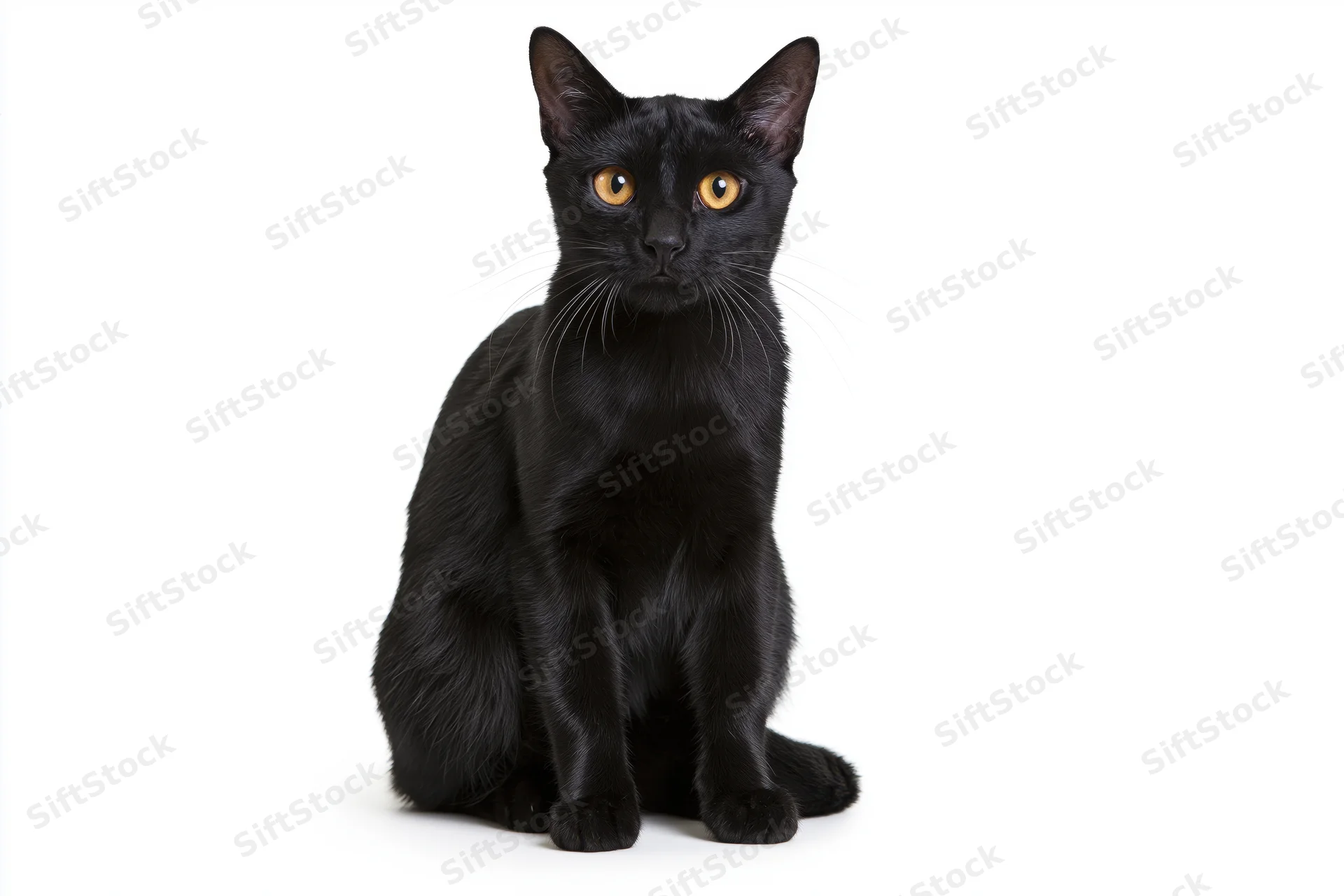 Black bombay cat sitting upright and alert facing camera in studio portrait