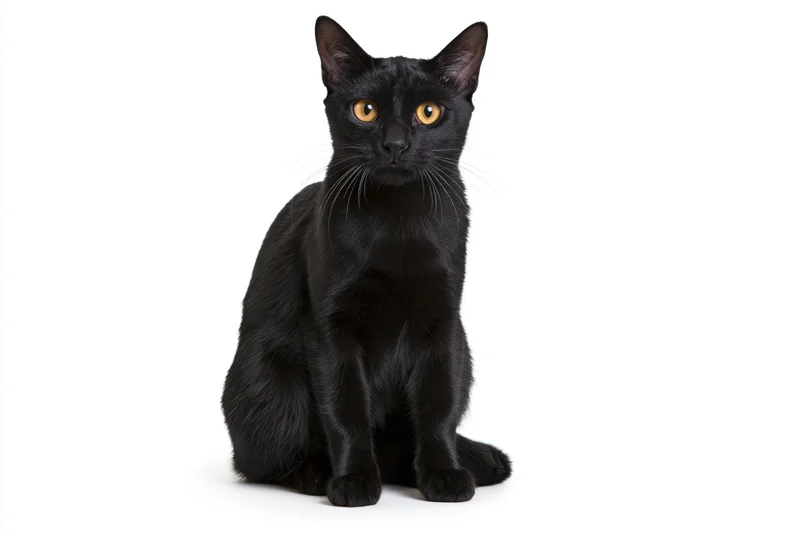 Black bombay cat sitting upright and alert facing camera in studio portrait
