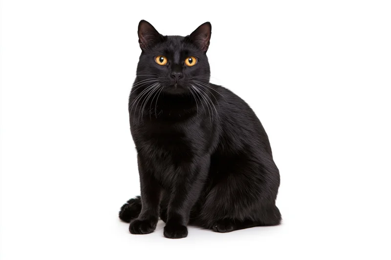 Black bombay cat sitting alert and facing camera on white background