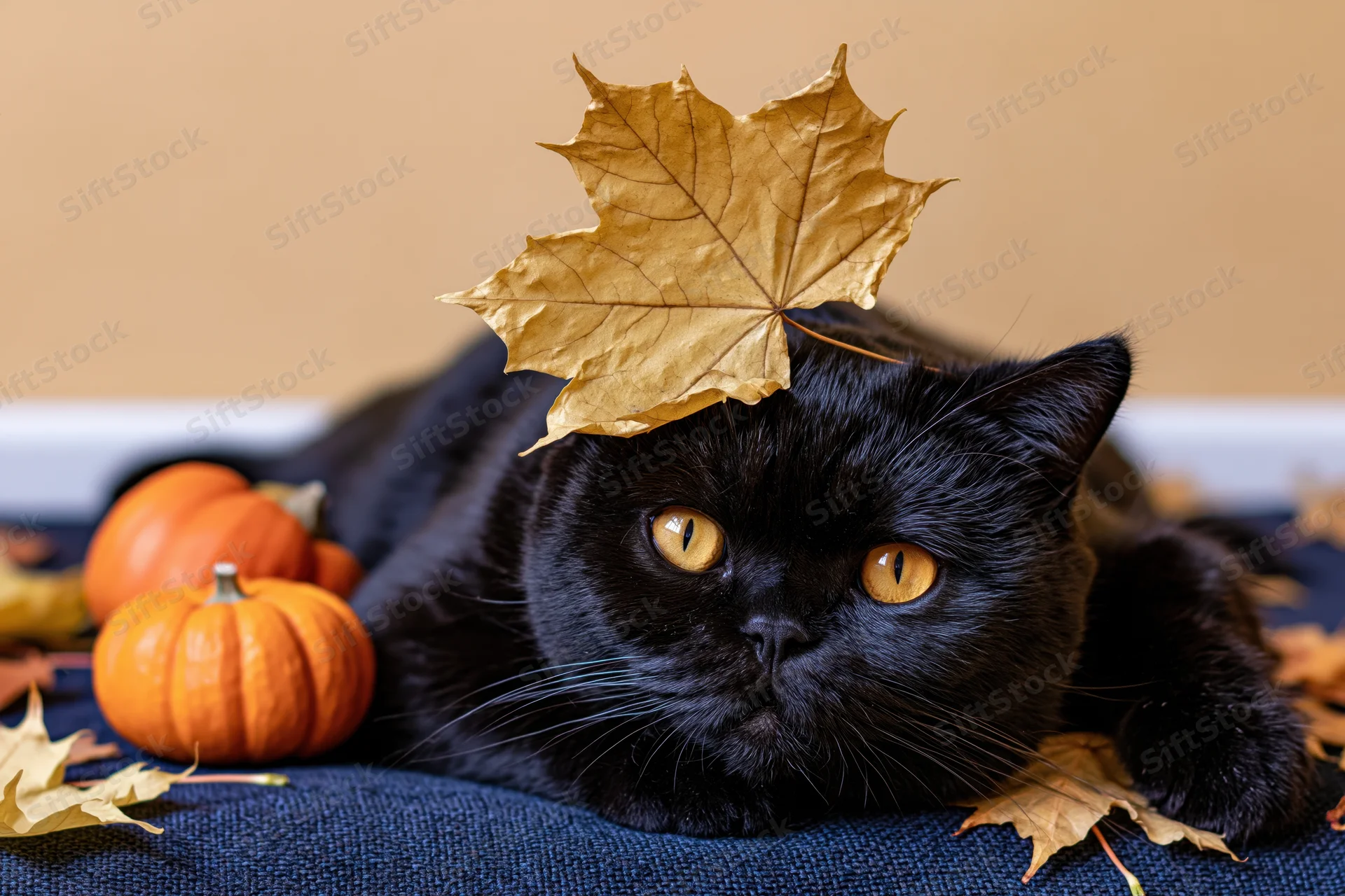 Black cat lying on blue textured surface with autumn leaf on head and pumpkins nearby