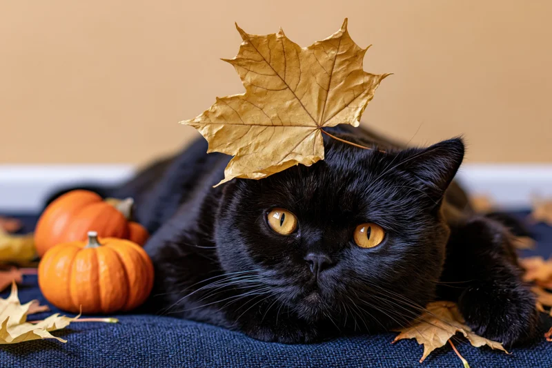 Black cat lying on blue textured surface with autumn leaf on head and pumpkins nearby