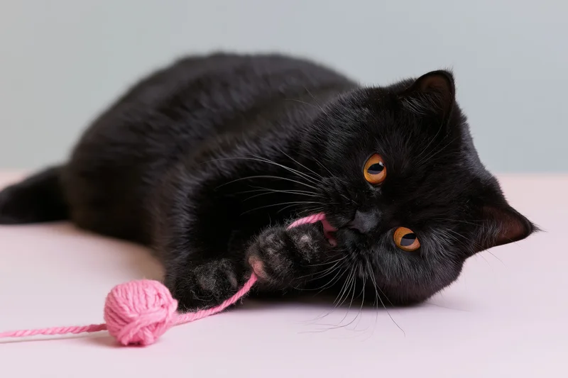 Black britishshorthair cat lying on its side chewing pink yarn on a light surface