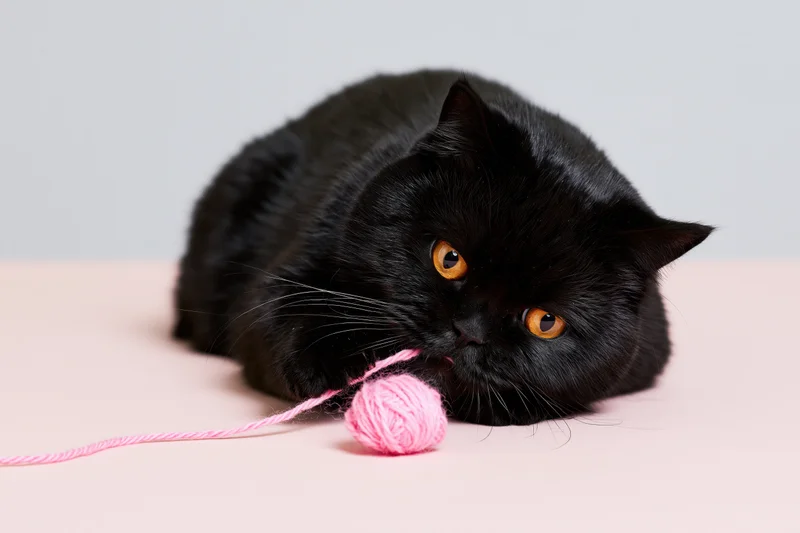 Black britishshorthair cat lying on its side chewing pink yarn ball on light surface