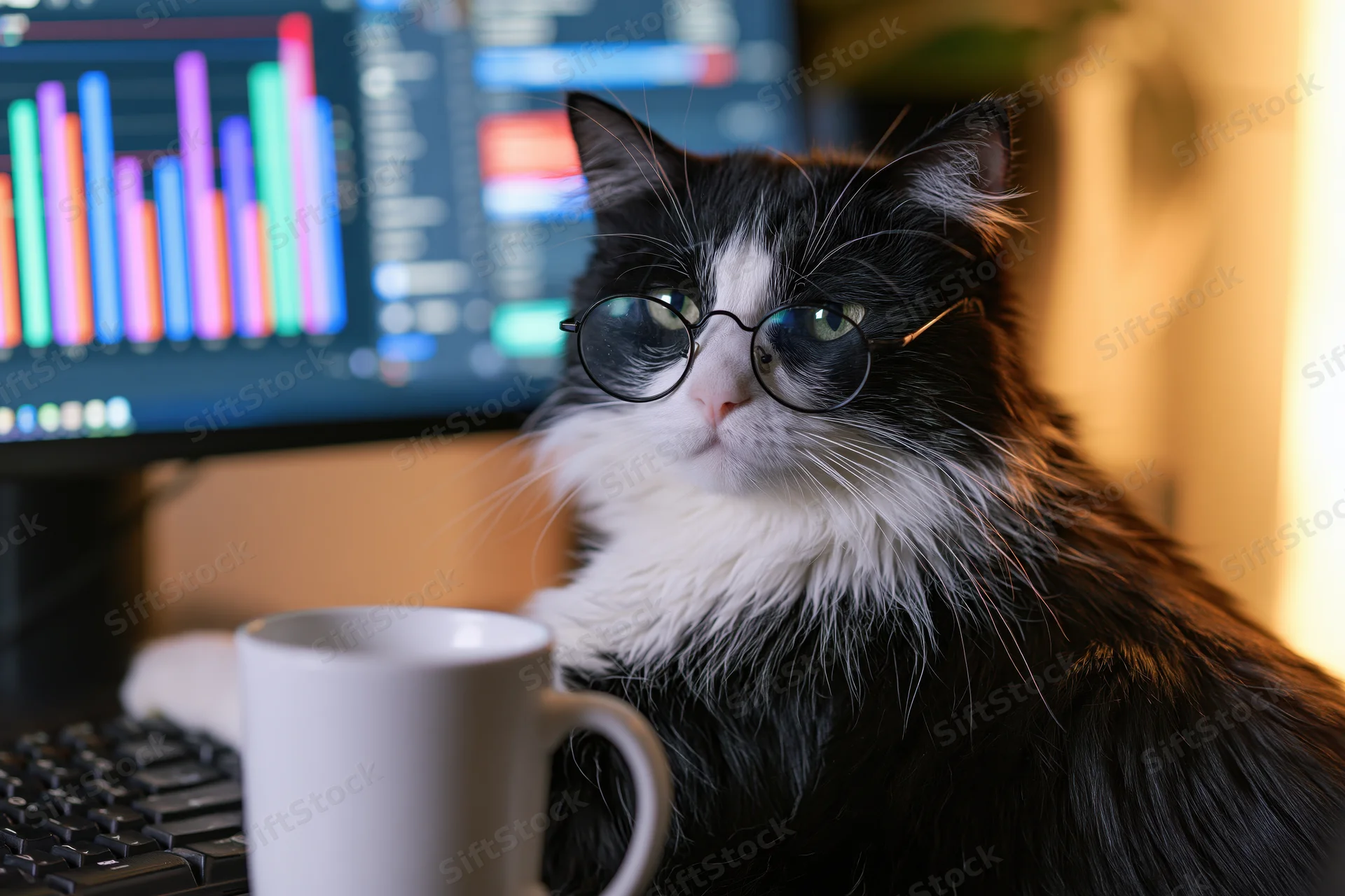 Black and white cat wearing round wire-frame glasses sitting at a desk with computer monitor and mug
