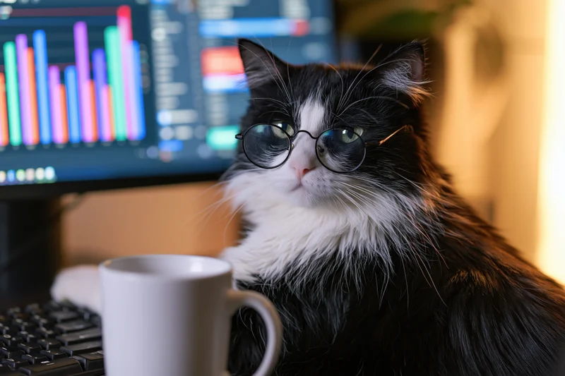 Black and white cat wearing round wire-frame glasses sitting at a desk with computer monitor and mug