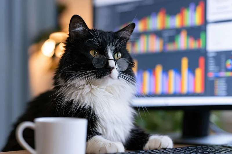 Black and white cat wearing round wire-frame glasses sitting at a desk with computer monitor and mug