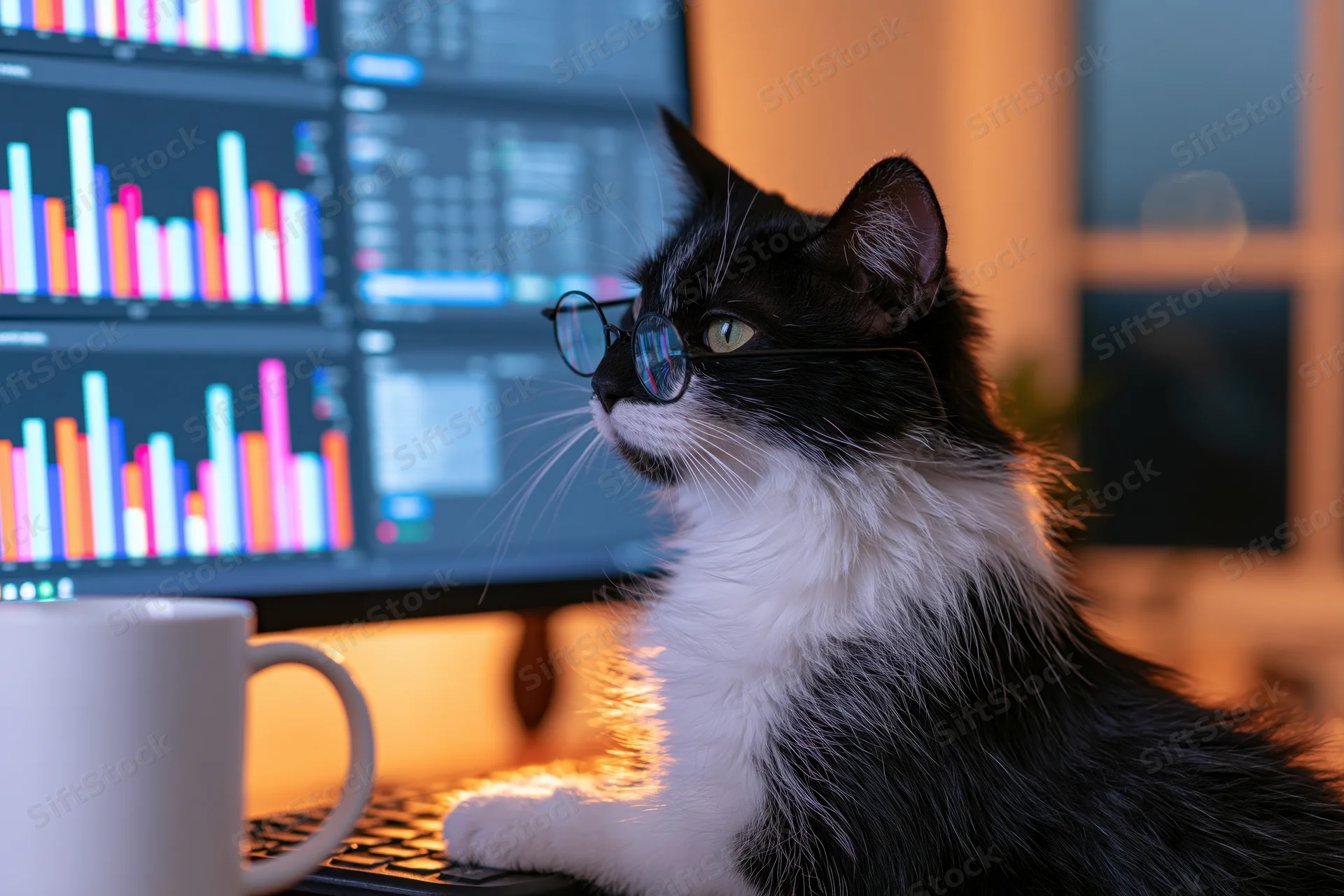Black and white cat wearing round glasses sitting at a desk with computer monitor displaying colorful financial charts and a mug nearby