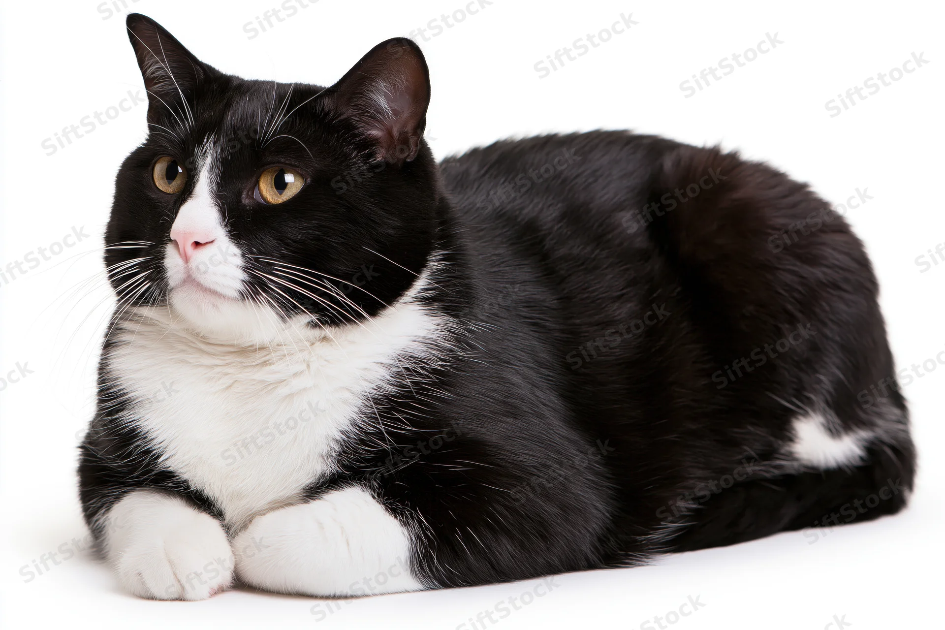 Black and white tuxedo cat lying in loaf position on white background