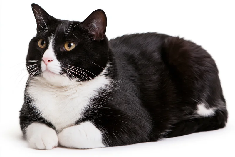Black and white tuxedo cat lying in loaf position on white background