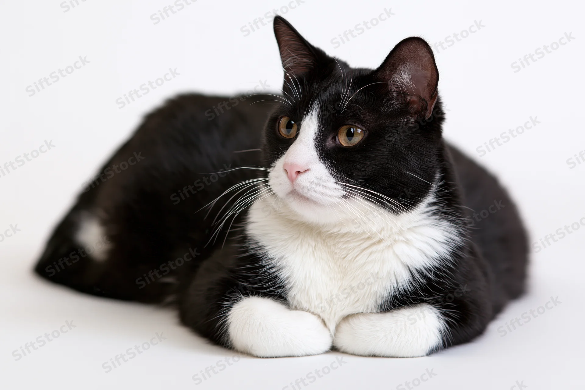 Black and white tuxedo cat lying in loaf position on white background