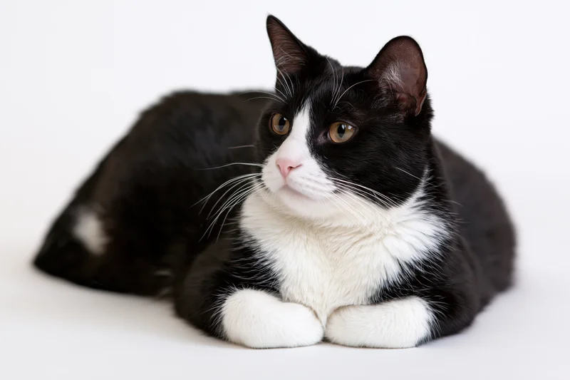 Black and white tuxedo cat lying in loaf position on white background