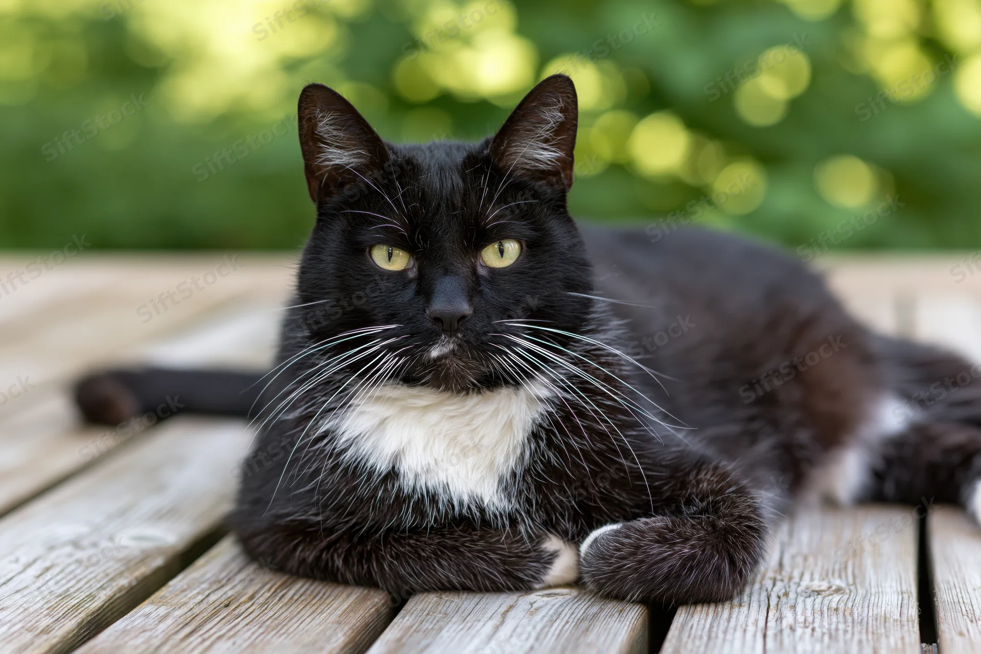 Black and white tuxedo cat lying relaxed on weathered wooden deck outdoors