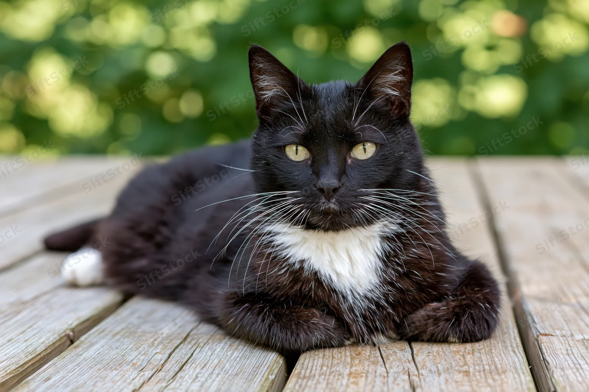 Black and white tuxedo cat lying relaxed on weathered wooden deck outdoors