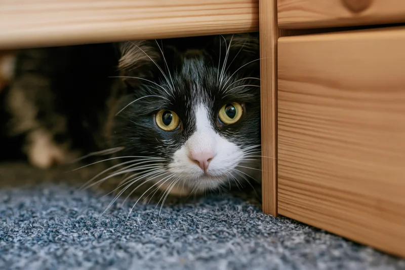 Tuxedo cat peering out from under wooden furniture on blue carpet