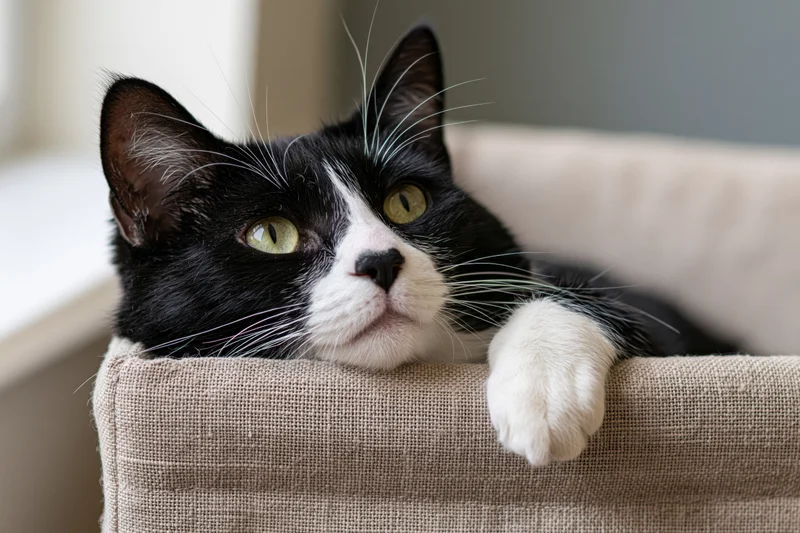 Black and white tuxedo cat resting chin over edge of beige fabric couch with paw draped over side