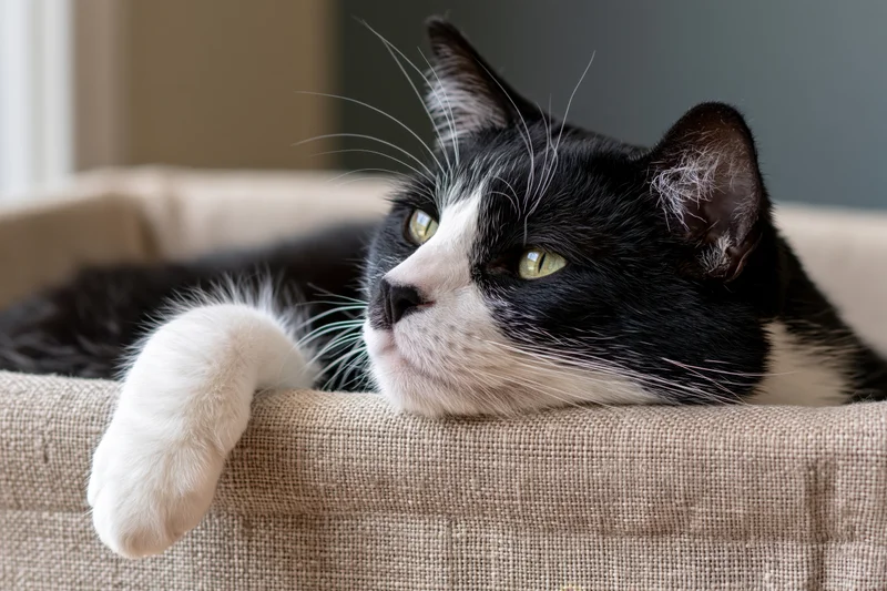 Black and white tuxedo cat resting chin over edge of beige fabric couch