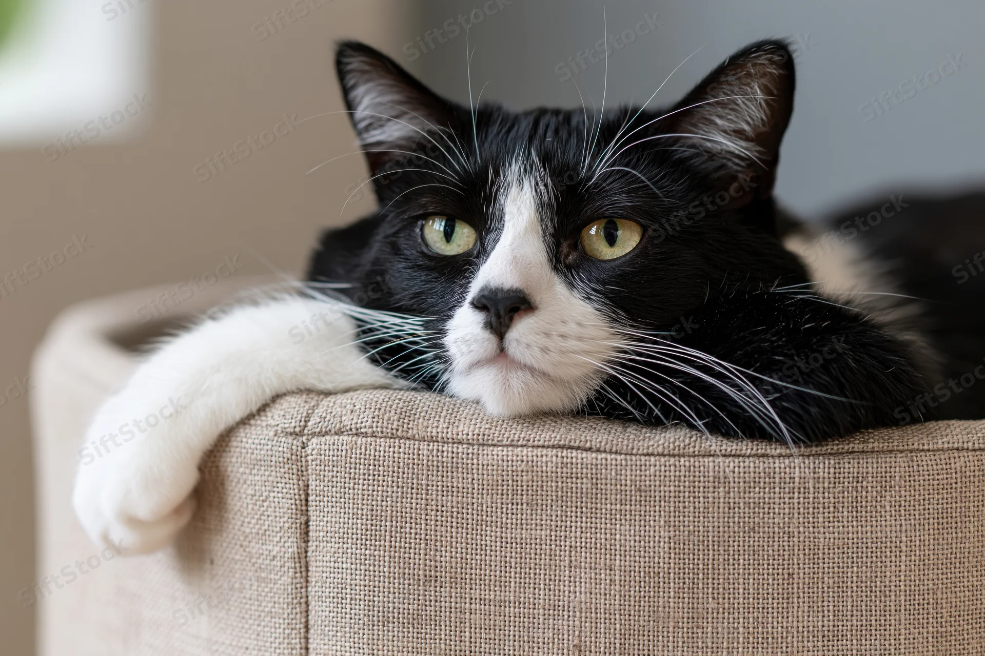 Black and white tuxedo cat resting chin over edge of beige couch armrest with paw draped over side