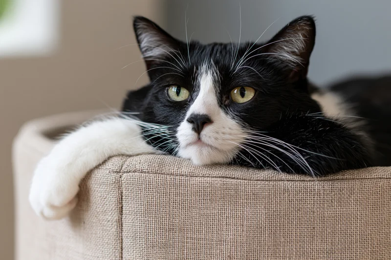 Black and white tuxedo cat resting chin over edge of beige couch armrest with paw draped over side