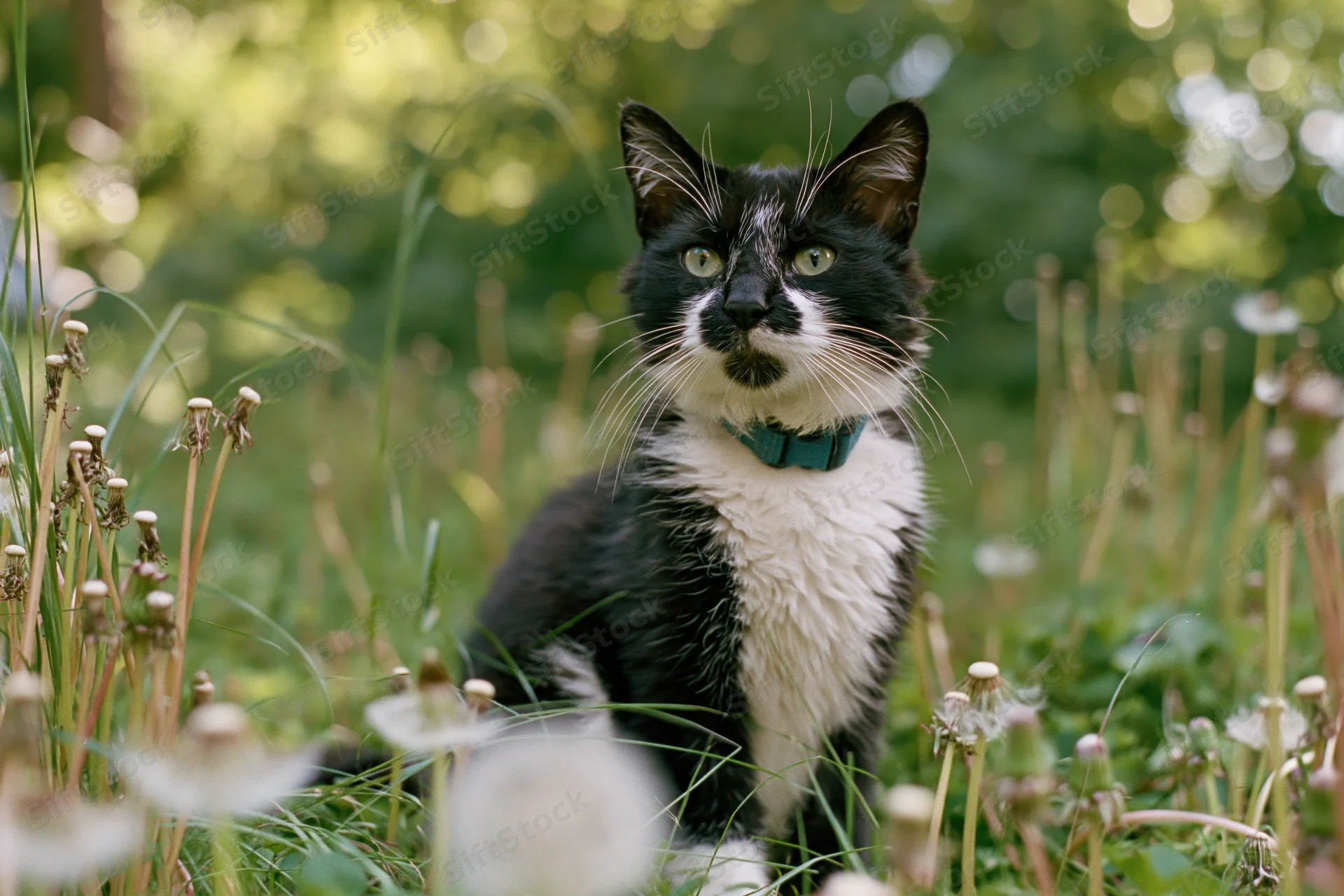 Black and white tuxedo cat sitting alert among tall grass and dandelions in a sunlit garden