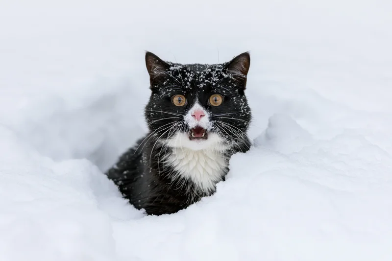 Black and white tuxedo cat buried chest-deep in snow with snowflakes on fur and open mouth