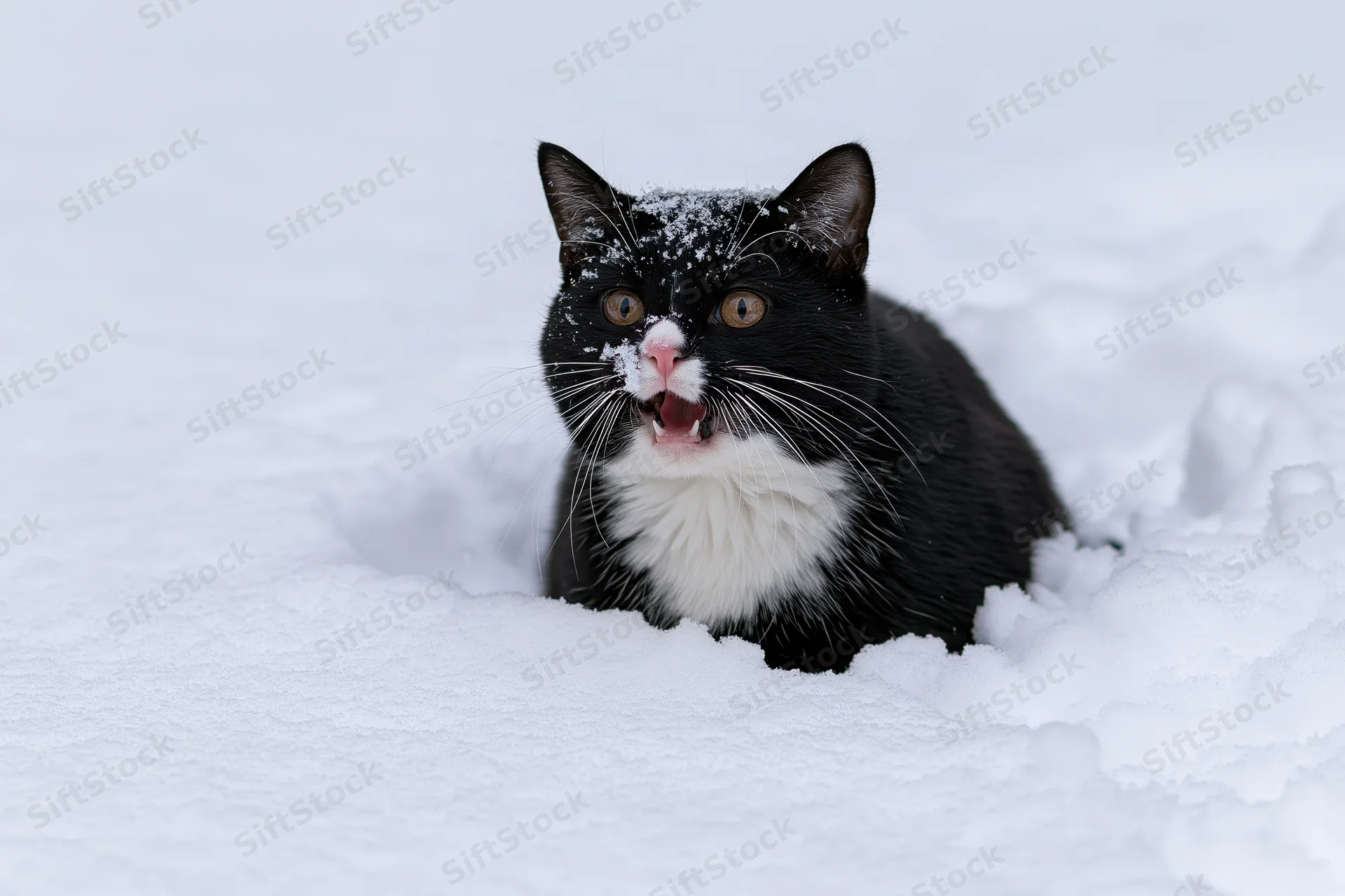 Black and white tuxedo cat buried chest-deep in snow with snowflakes on its face and open mouth