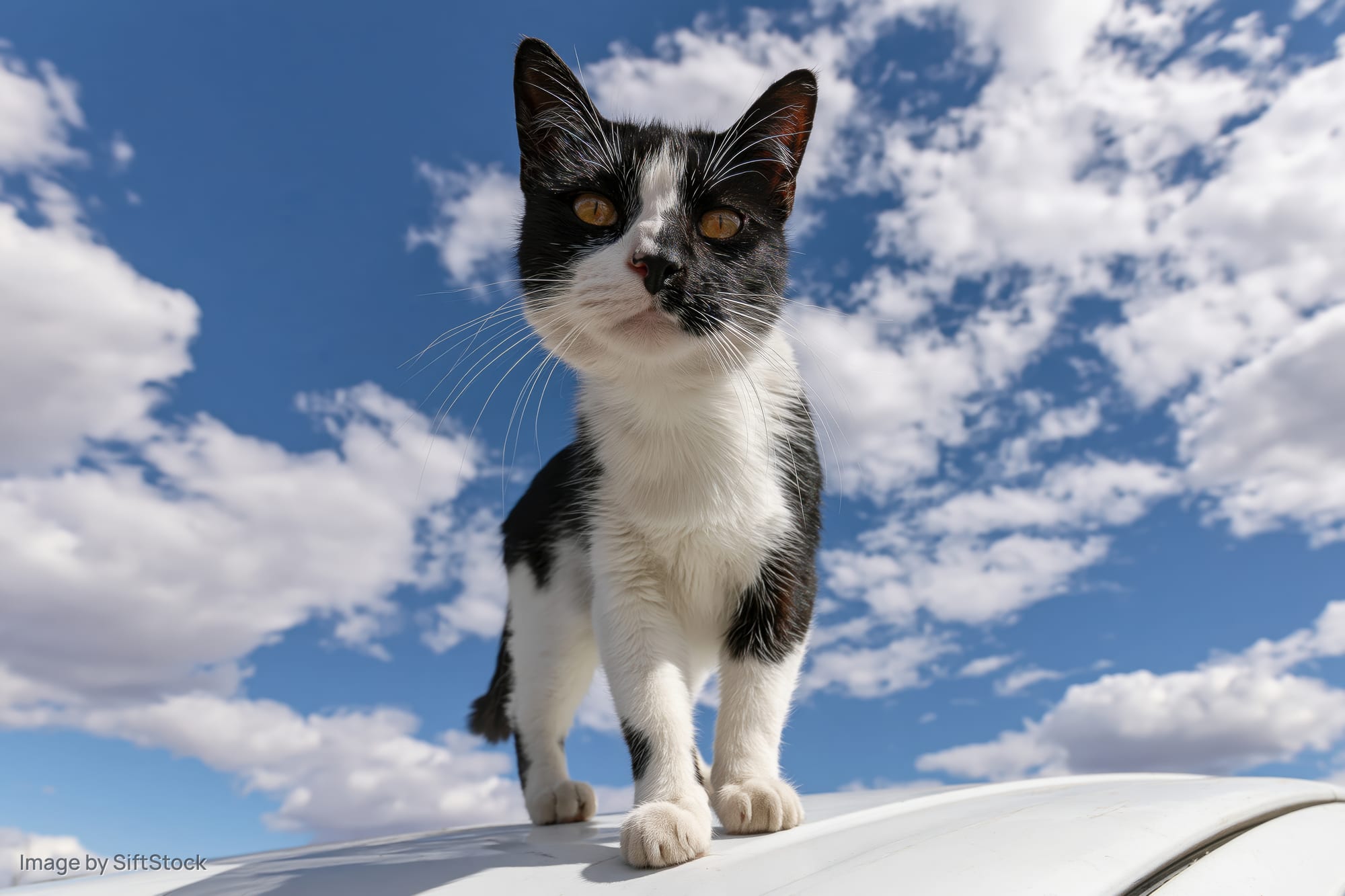 Black and white tuxedo cat standing alert on white car roof under blue sky with clouds