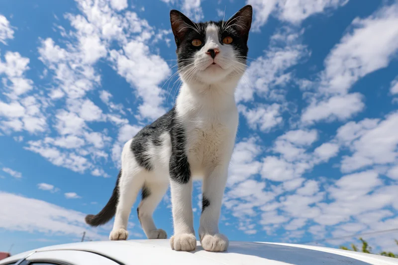 Tuxedo cat standing alert on white car roof under blue sky with clouds