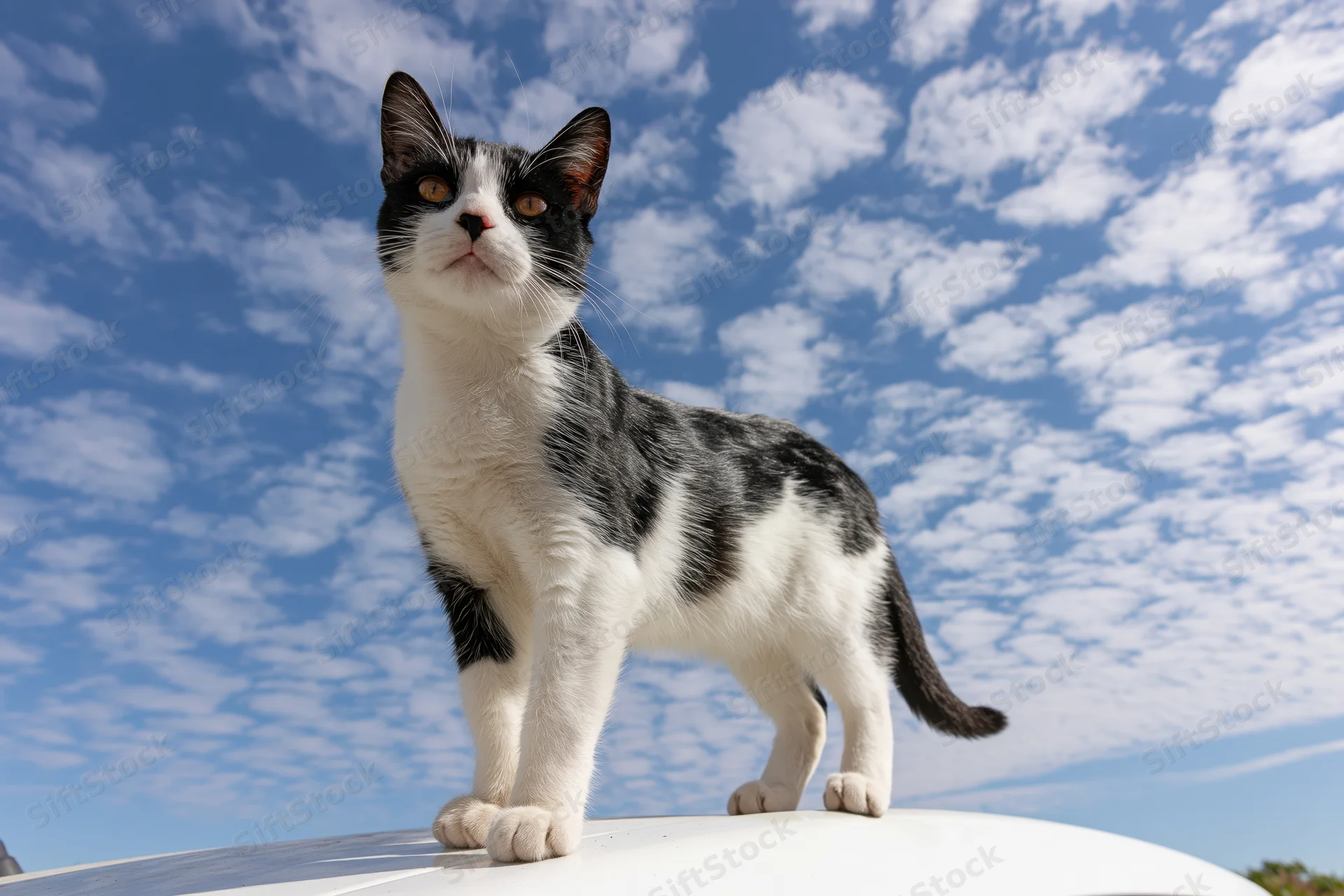 Tuxedo cat standing alert on top of a white vehicle roof under blue sky with clouds