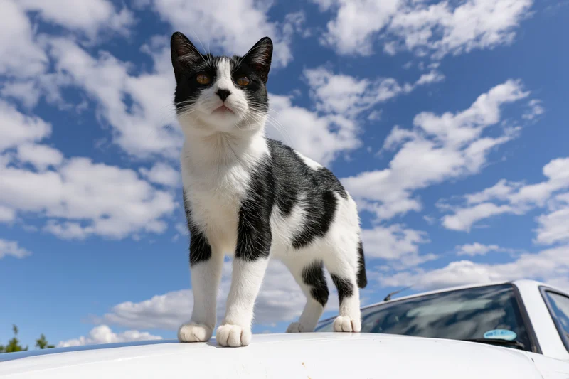 Tuxedo cat standing alert on white car roof under blue sky with clouds