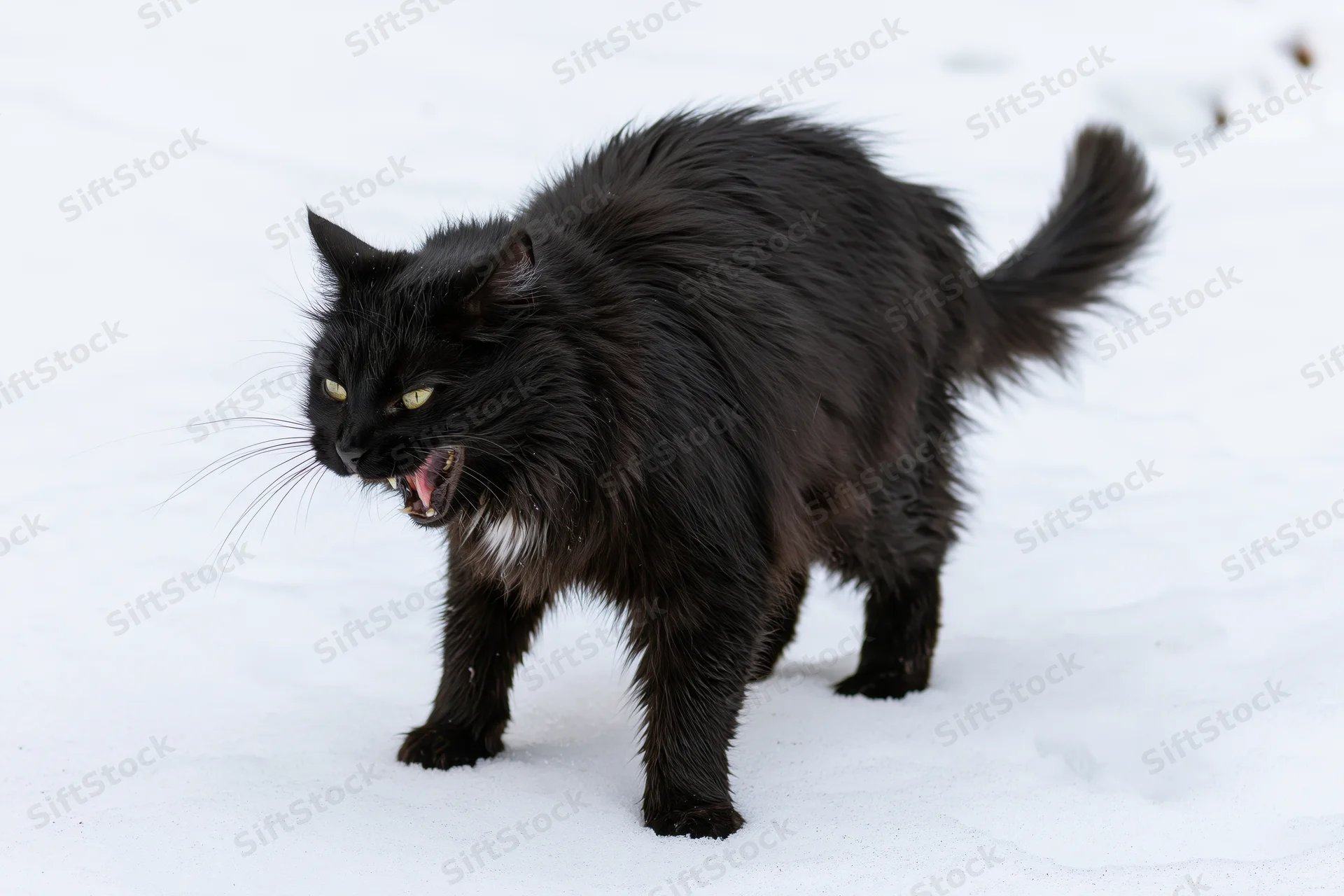 Black cat arching its back and hissing aggressively in snow