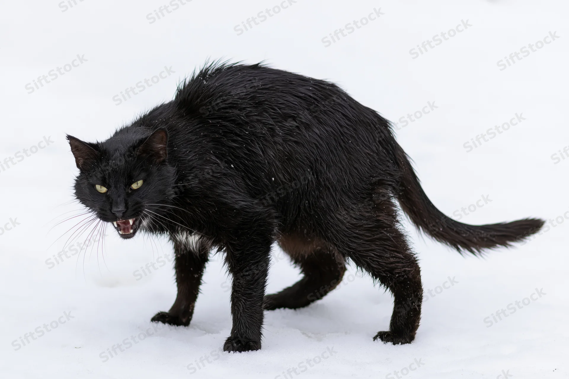 Black cat hissing aggressively with arched back in snow