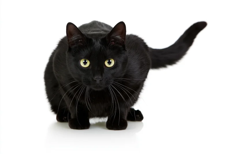 Black cat crouching low in a hunting stance with raised tail and focused eyes on white background