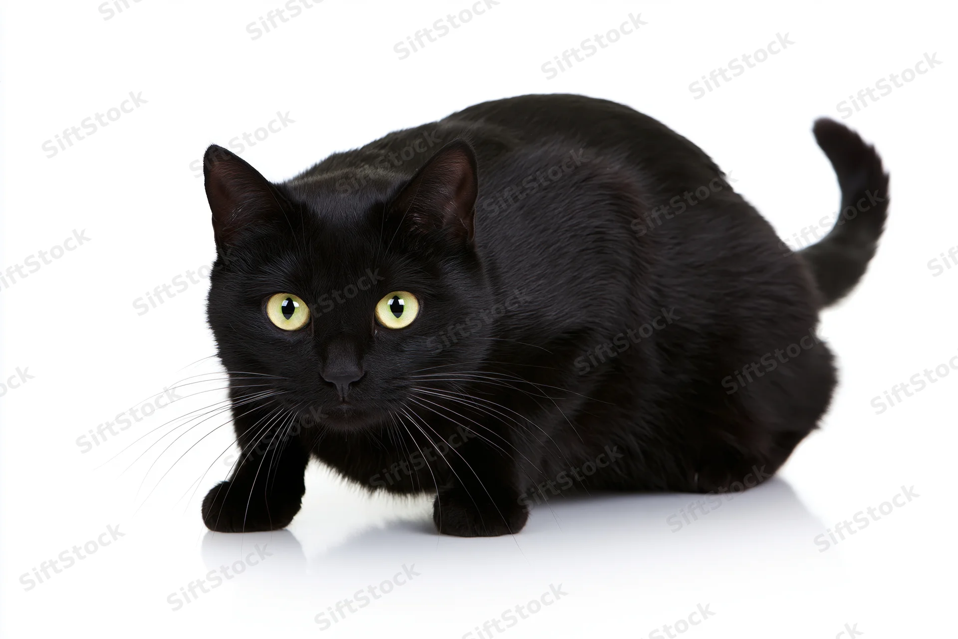 Black cat crouching low in a hunting stance with yellow eyes on white background