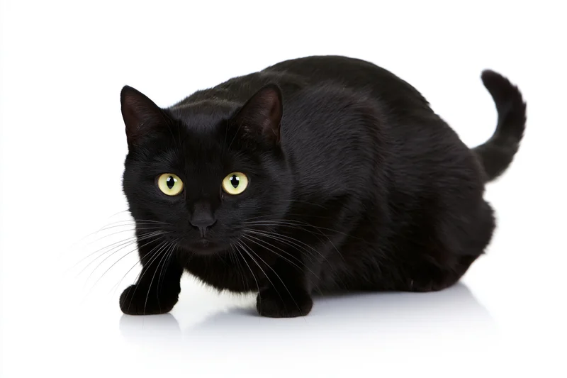 Black cat crouching low in a hunting stance with yellow eyes on white background