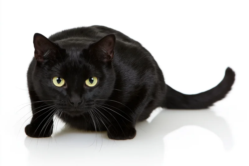 Black cat crouching low in hunting stance on white background