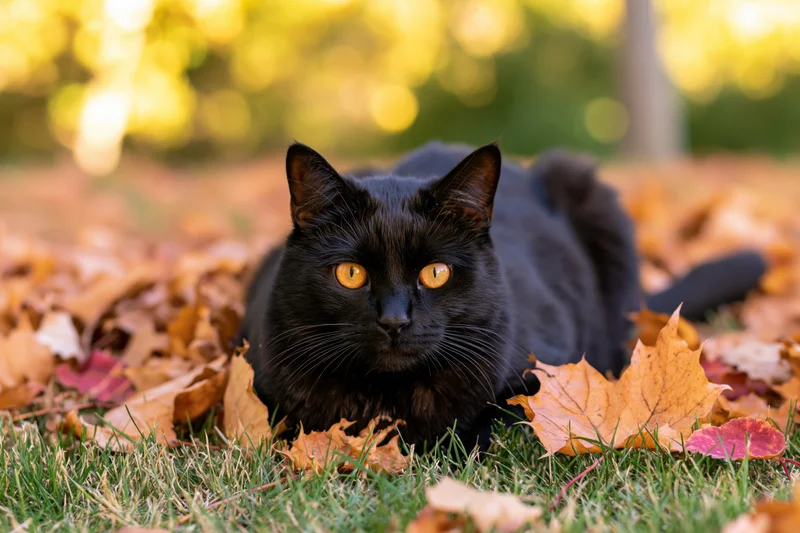 Black cat crouching low in autumn grass scattered with fallen leaves