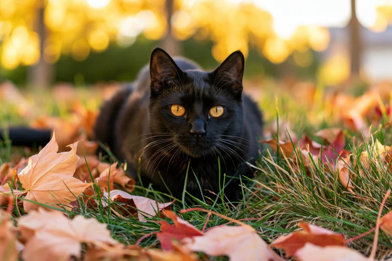 Black cat crouching in autumn grass among fallen leaves