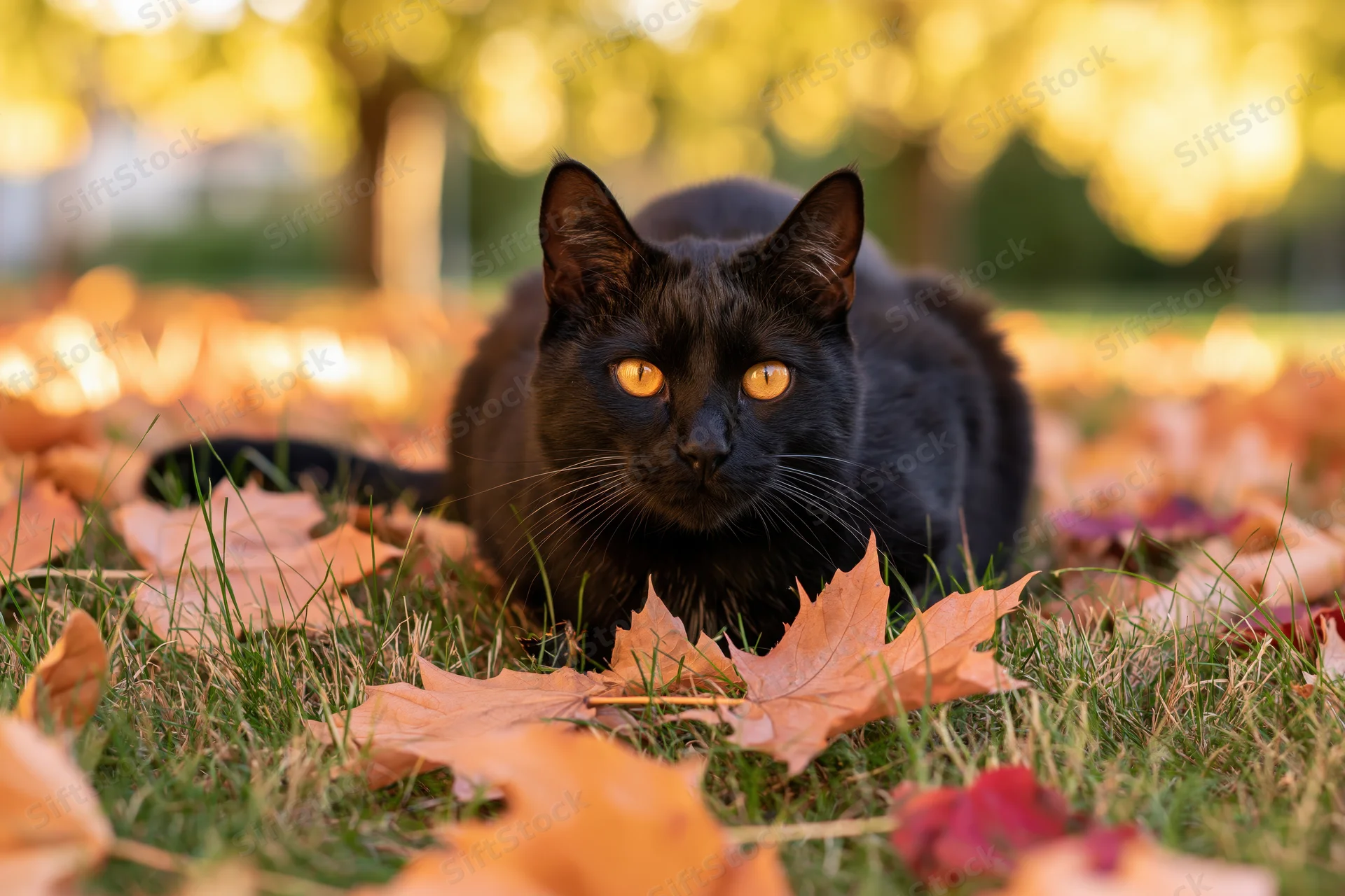 Black cat crouching low in autumn grass scattered with fallen leaves