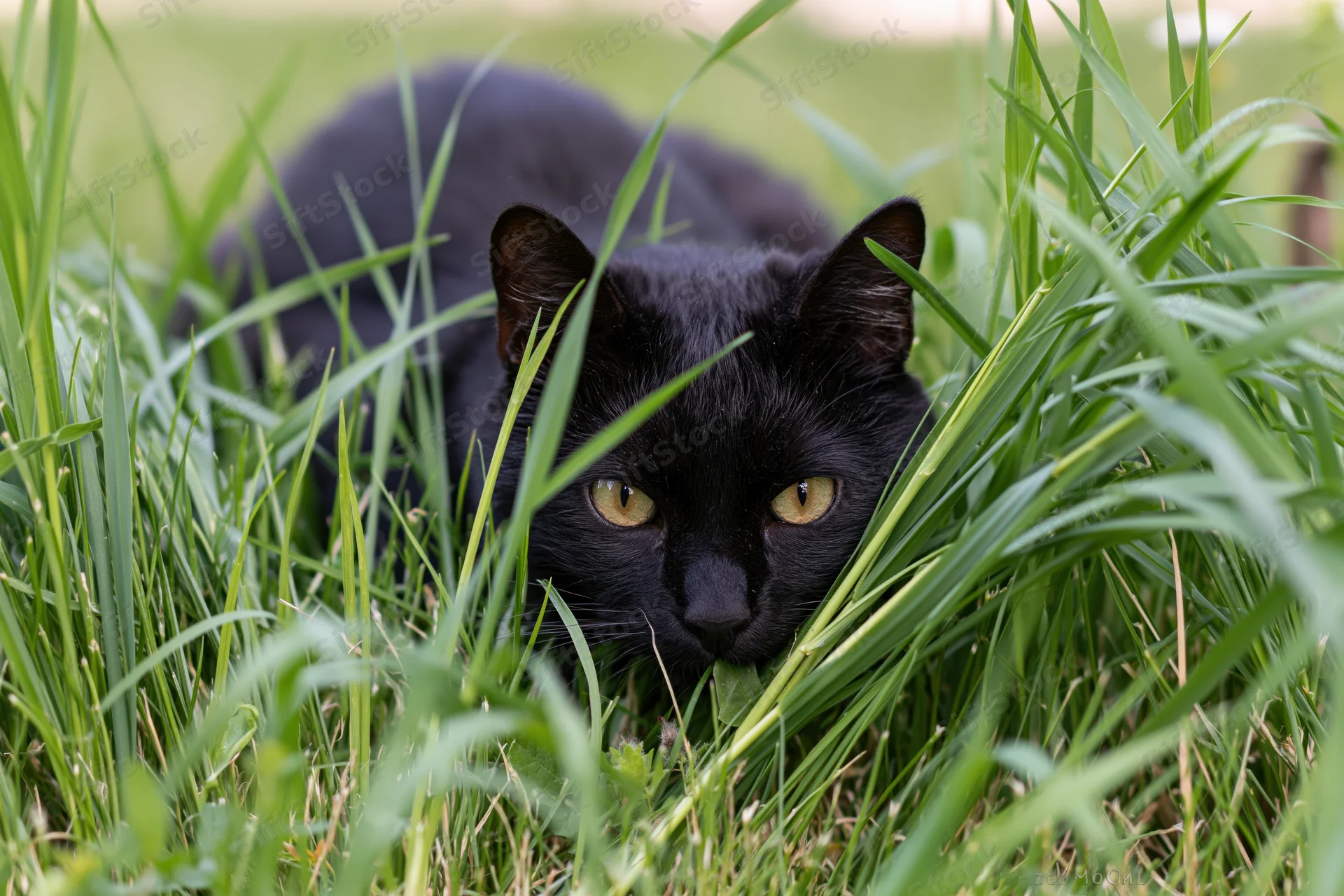 Black cat crouching low in tall green grass with focused gaze