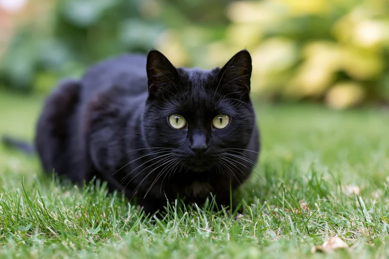 Black cat crouching low on green grass staring directly at camera