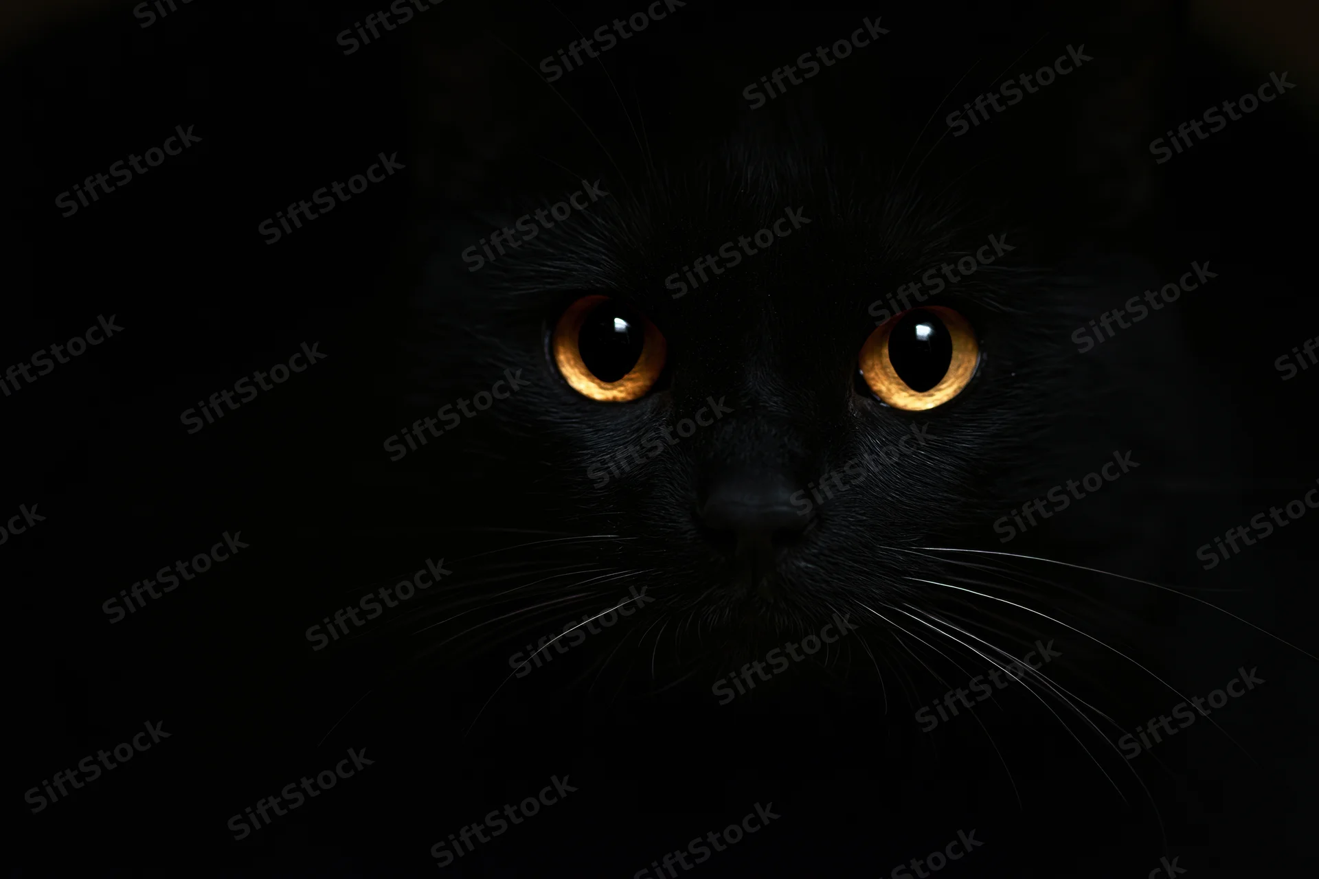 Black cat face emerging from darkness with glowing orange eyes staring directly at viewer