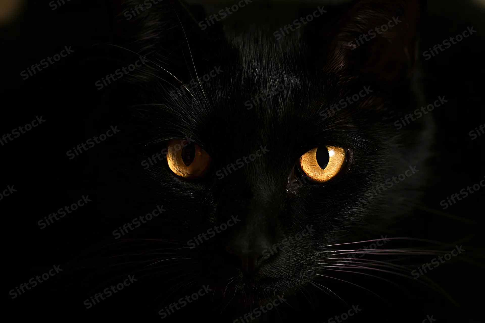 Black cat with golden eyes staring intensely from darkness