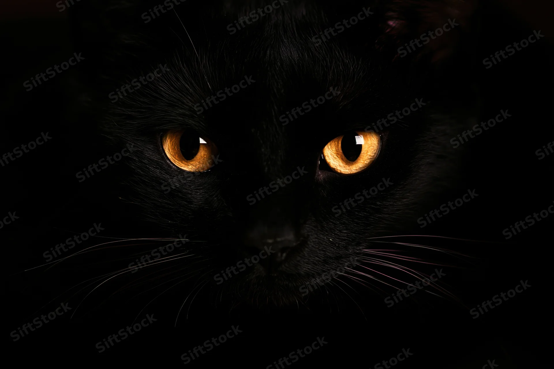 Black cat with glowing orange eyes staring intensely from darkness