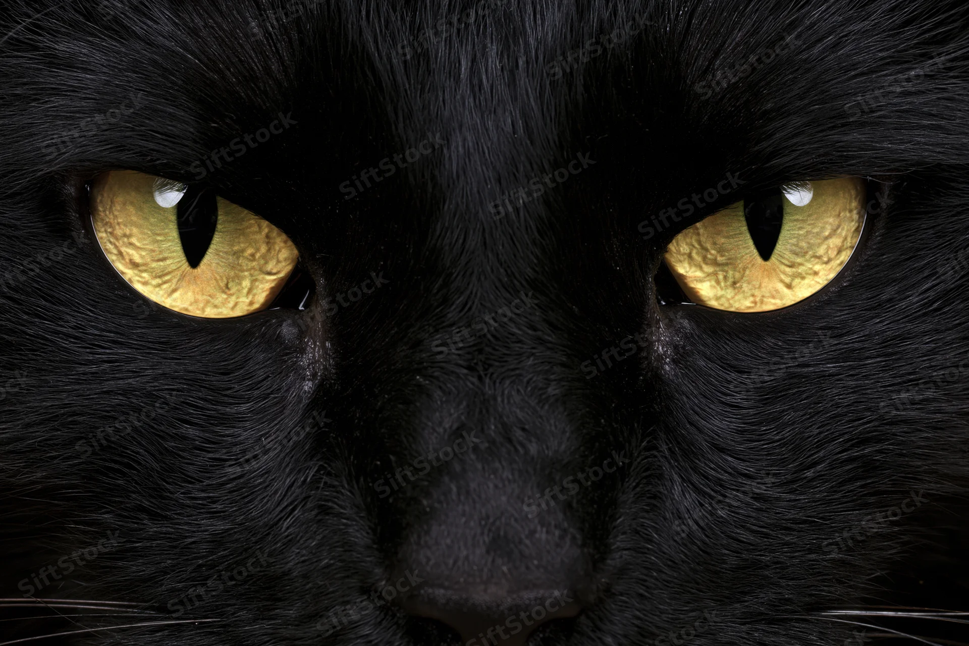 Extreme closeup of a black cat's face centered on its intense yellow eyes