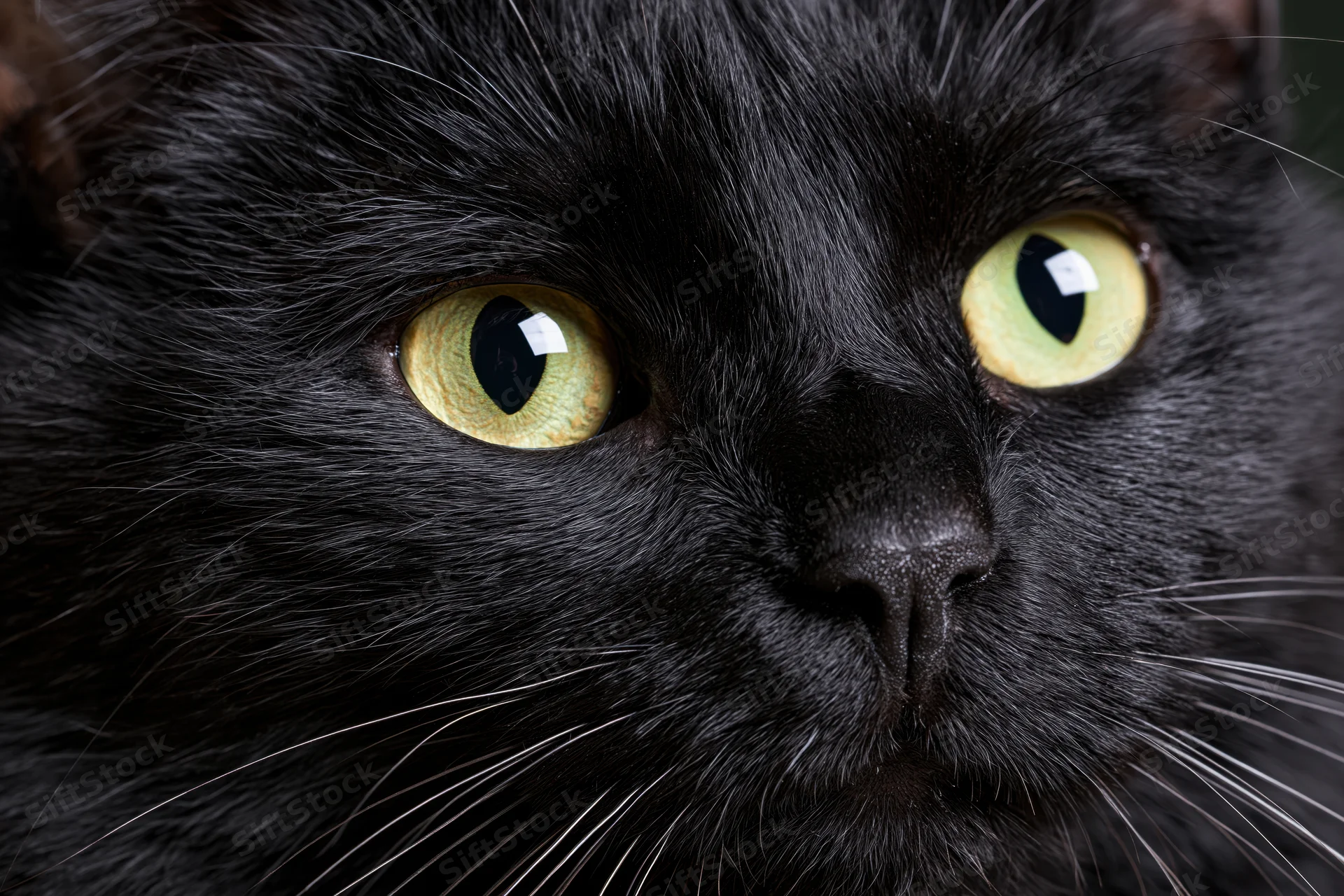 Closeup of black cat face with green eyes gazing slightly off-camera
