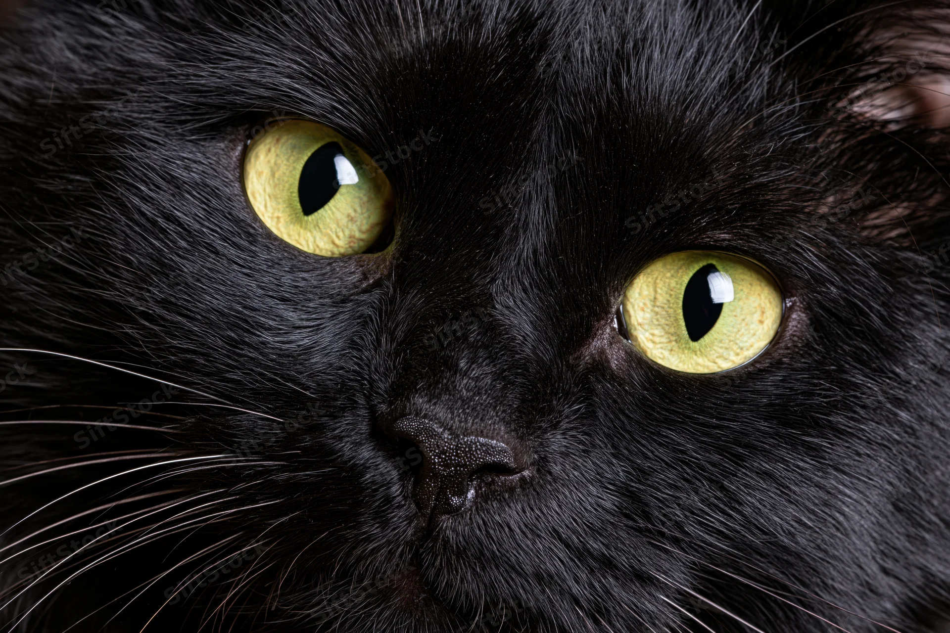 Closeup of black cat face with green eyes gazing slightly off-camera