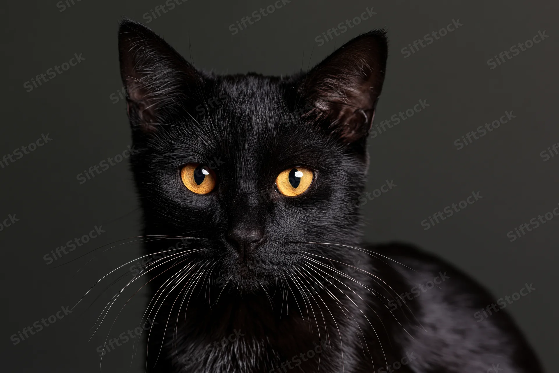 Black cat gazing directly at camera in studio portrait with yellow eyes and dark background