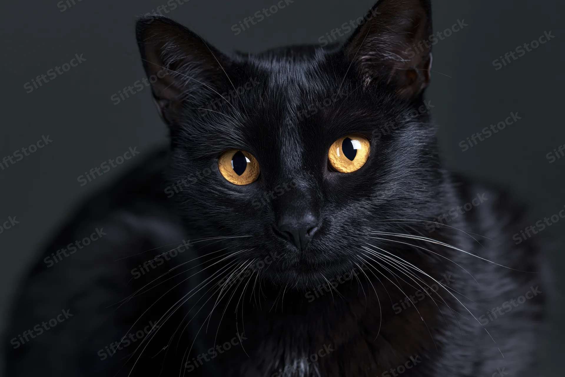 Black cat gazing directly at camera in close-up portrait against dark background
