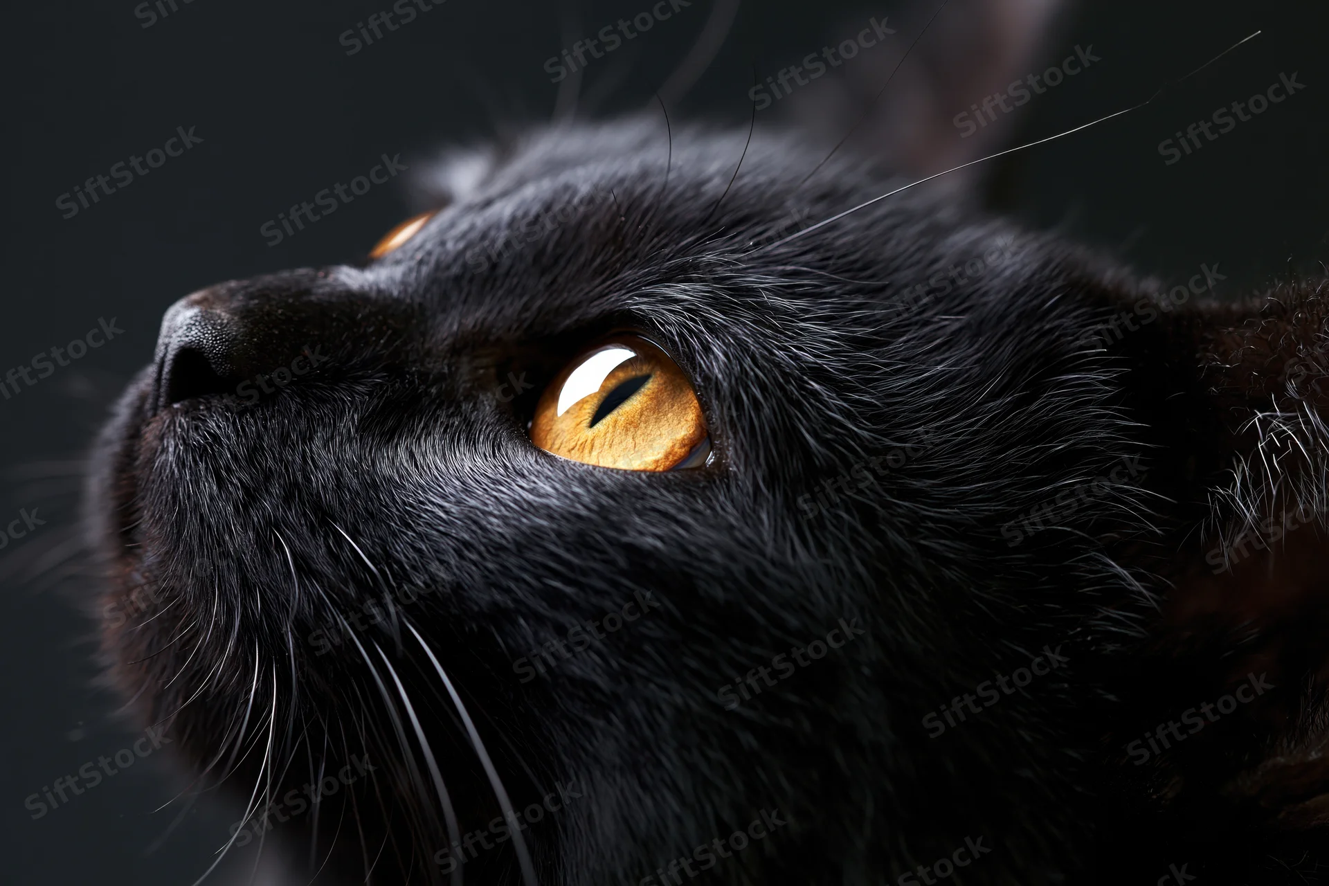 Black cat gazing upward with alert expression in closeup profile view